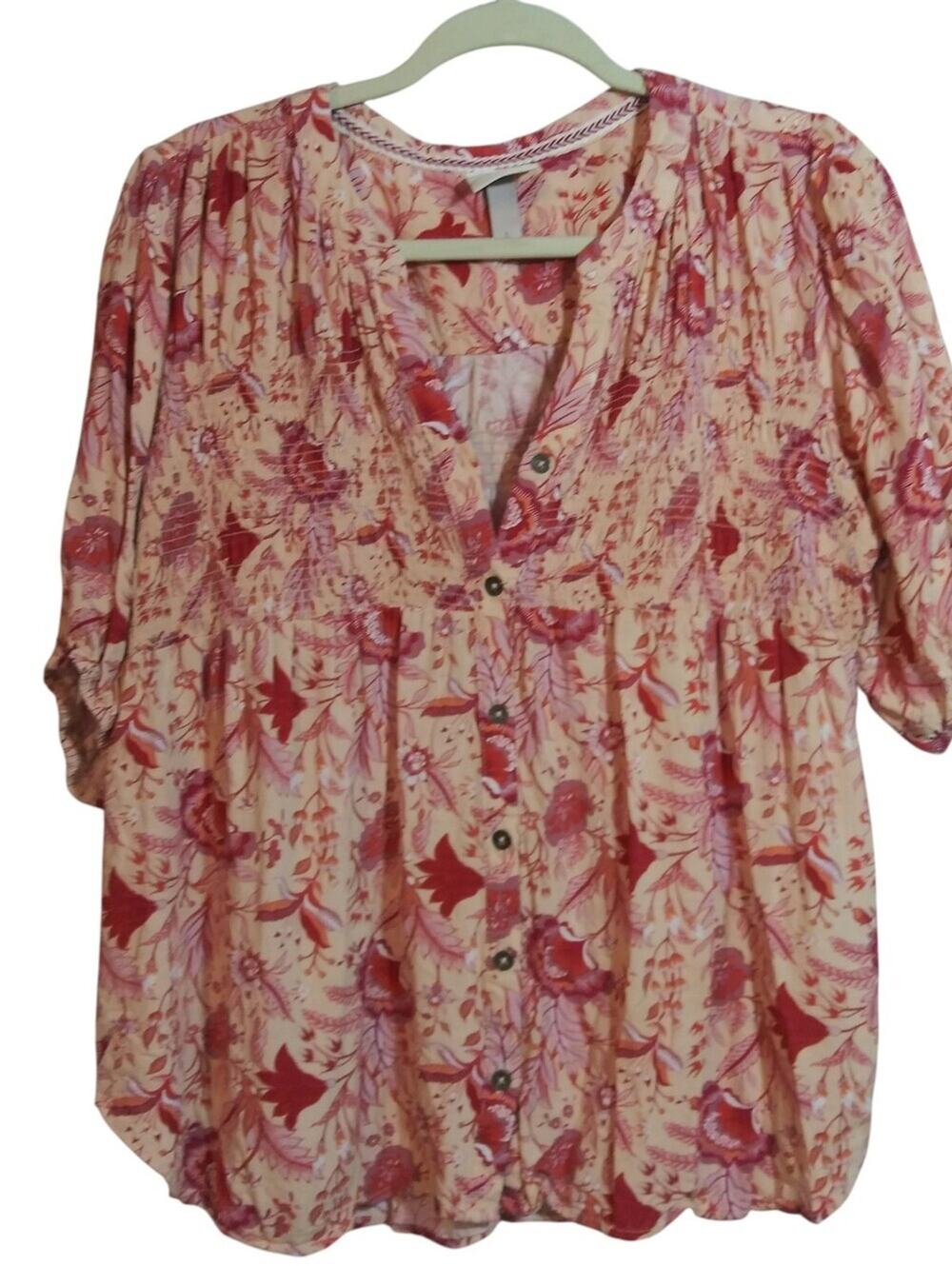 Knox Rose Smocked Floral Button-Up Peasant Blouse Red Size L